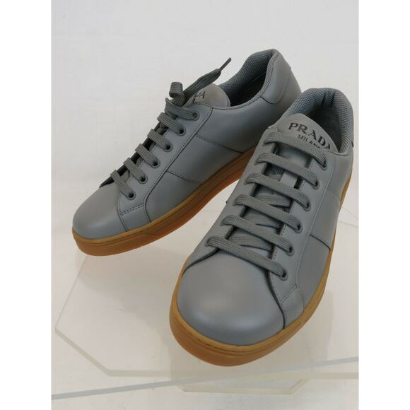 NIB PRADA 4E3501 GRAY LEATHER LACE UP LOGO LOW TOP SNEAKERS 7.5 / US 8.5 ITALY - Picture 6 of 12